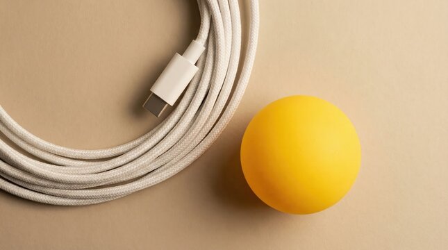Minimalist flat lay composition of a white braided USB cable and yellow ball on a neutral beige background.
