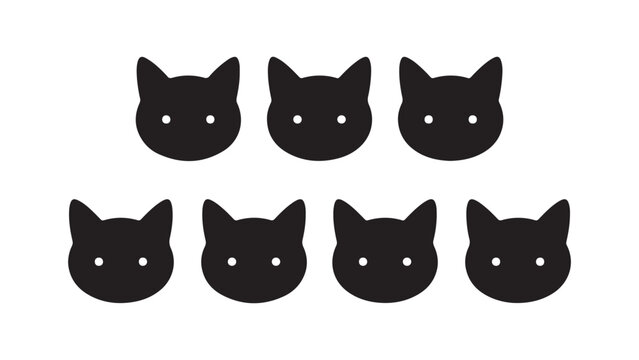 Set of seven cute black cat faces arranged in two rows