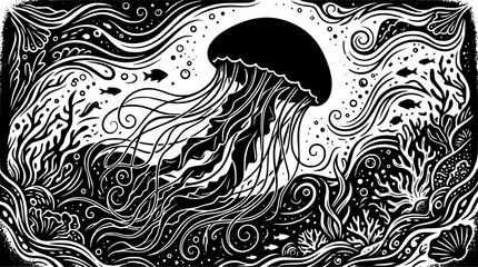 Fototapeta premium Jellyfish silhouette graceful stinging sea creature marine life illustration 