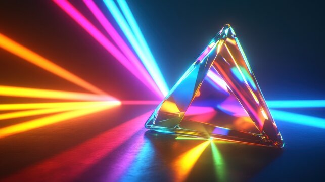 A transparent geometric pyramid refracts colorful neon light rays against a dark background