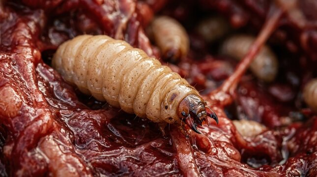 Macro view of maggots and larvae infesting rotten meat during the decomposition process.