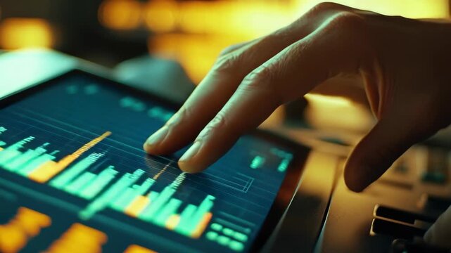 Hand interacts with glowing financial charts on tablet screen. Fingers tap, scroll through colorful data bars and graphs. Warm light illuminates workspace, highlighting digital display