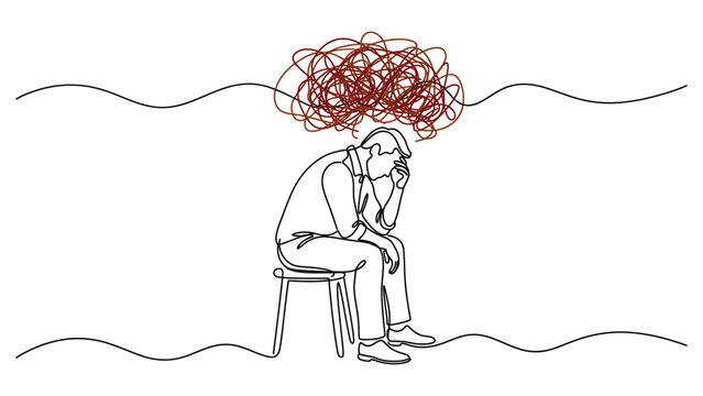 continuous line art A man sitting on a stool with a confused and worried expression.