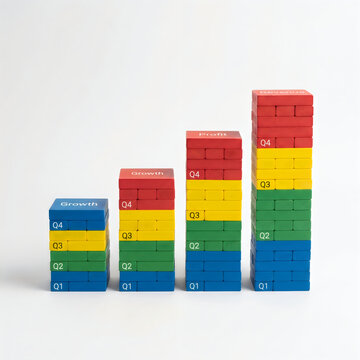Stacked colorful blocks represent business growth and financial quarters with increasing bar heights.