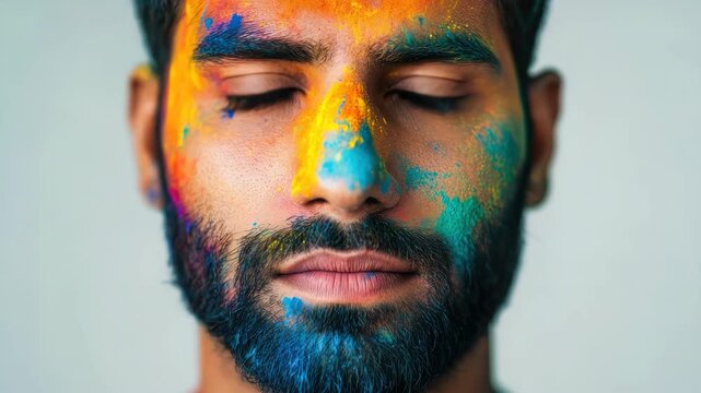A man with a beard is looking directly at the camera. His face is covered in vibrant colors of face paint, creating an artistic and lively expression.