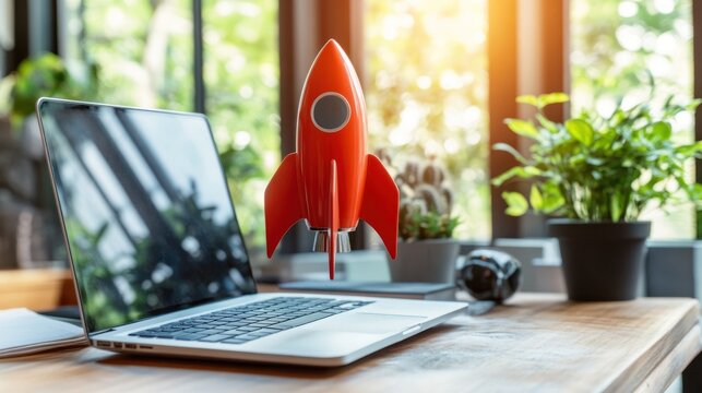 Laptop with a red rocket prop on a wooden desk with plants and sunlight in the background