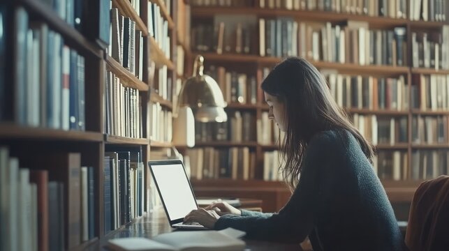 A person works on a laptop in a library surrounded by bookshelves filled with volumes