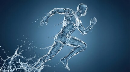 Obraz premium Conceptual illustration of a running man made of splashing water representing hydration and athletic vitality.