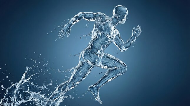 Conceptual illustration of a running man made of splashing water representing hydration and athletic vitality.