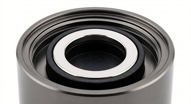 Macro of the underside of a luxury perfume bottle cap featuring a precision machined metal housing and NdFeB ring magnet.