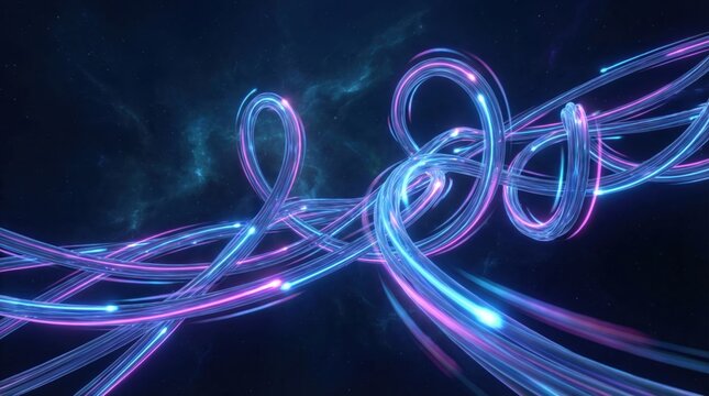 Abstract digital network visualization showing high speed fiber optic data transmission in a futuristic space environment.