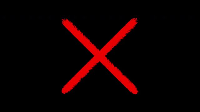 Hand-drawn red x mark animation on black background, grunge cross symbol, overlay