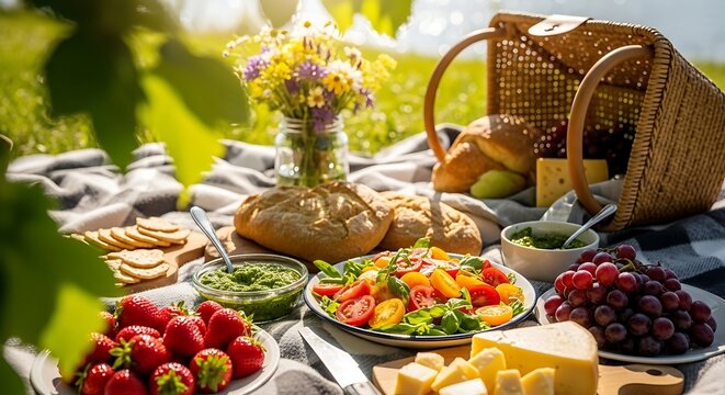 Beautiful Summer Picnic Setup in a Sunny Meadow with Fresh Food and Flowers.
