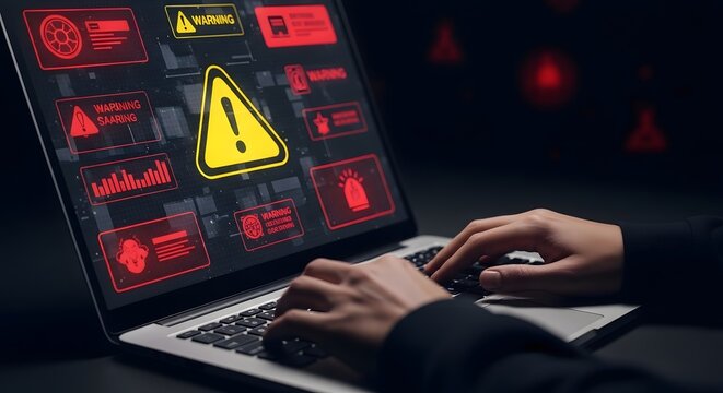 Cybersecurity holography digital warning system display on laptop with hands typing