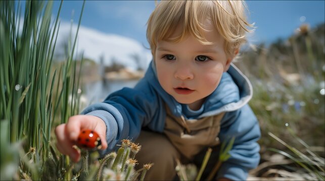 Toddler examining ladybug on dandelion from ground level perspective, tiny fingers reaching toward red spotted insect, spring grass blades towering overhead, dewdrops magnified in harsh midday sun,