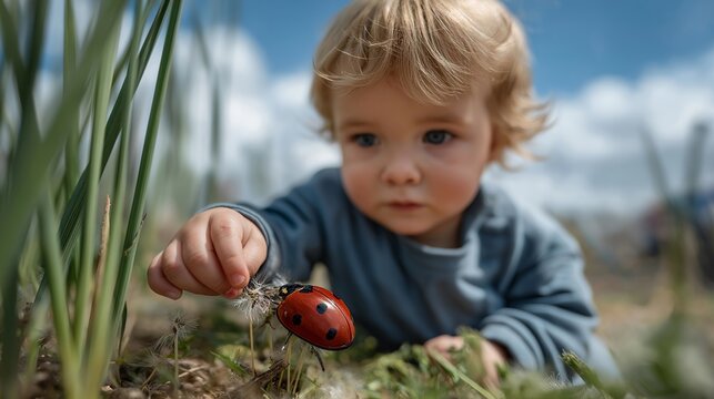 Toddler examining ladybug on dandelion from ground level perspective, tiny fingers reaching toward red spotted insect, spring grass blades towering overhead, dewdrops magnified in harsh midday sun,