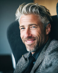 Obraz premium A mature man with salt-and-pepper hair and a beard smiles warmly while dressed in a textured blazer and dark shirt, sitting in a relaxed indoor setting.