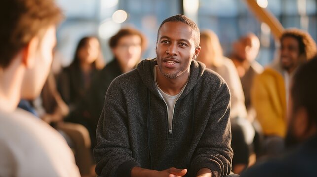 Multicultural support group for traumatic brain injury survivors sharing recovery experiences, circle seating arrangement, community center meeting room, empowering atmosphere, ideal for peer