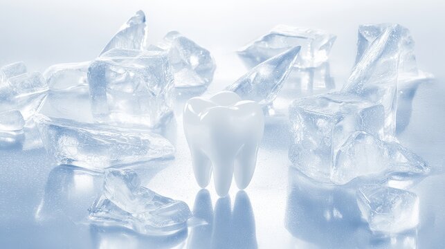 Icy Oral-Care Still Life with Smooth White Tooth Surrounded by Frozen Shards and Glossy Ice in Clinically Fresh Commercial Style