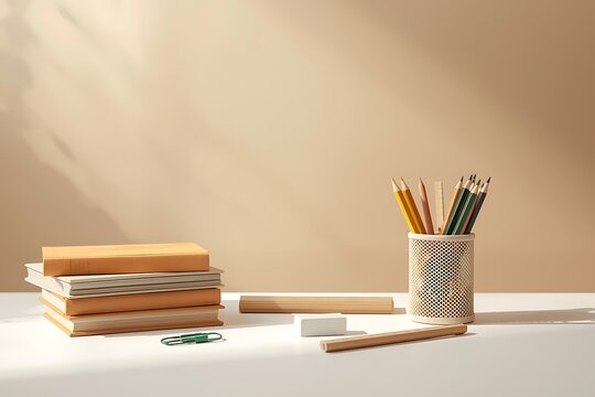 Stack of books and pencil holder with colored pencils supplies stationery education learning knowledge composition arrangement organized lighting background graphite paperclips creative