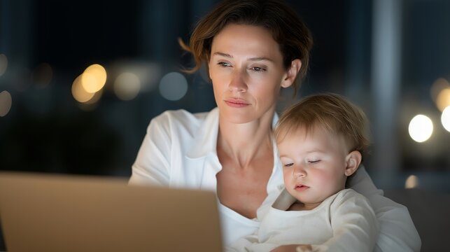 Single parent reviewing flexible work contract at kitchen table after midnight, sleeping toddler nearby, laptop glow illuminating tired face, perfect for remote arrangements, parental balance, and