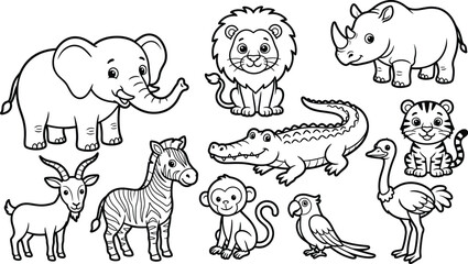 Cute safari animal coloring page collection featuring cartoon elephant lion tiger zebra and monkey outlines for children. © Nayan