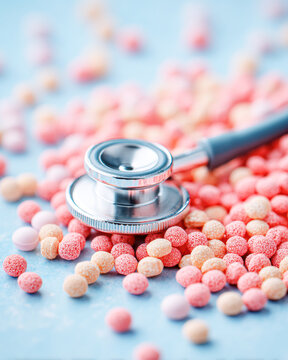 A silver stethoscope rests on a surface scattered with red and orange round pills or candy-like tablets, highlighting healthcare and medication themes.