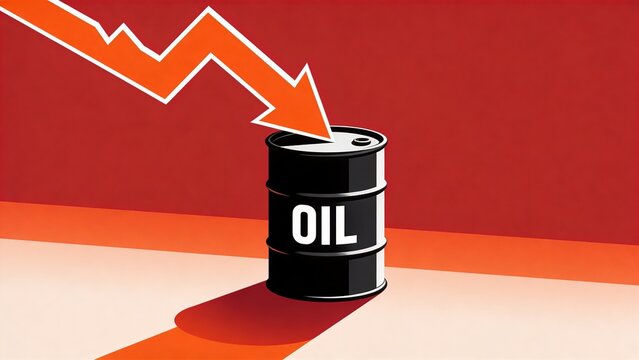 An oil barrel with a downward trend arrow on a red background