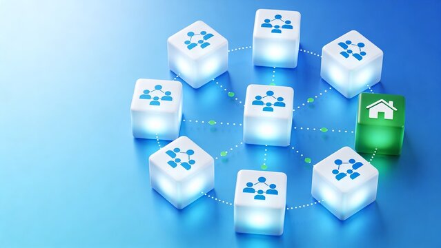 A futuristic network of glowing cubes with a house icon connected via dotted lines on a blue gradient background