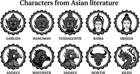 Fototapeta premium Asian mythology character icons set featuring detailed black and white circular emblems isolated on white background.