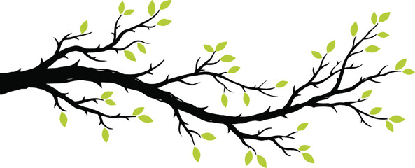 Obraz premium Minimalist black tree branch silhouette vector illustration with fresh green spring leaves on white background.
