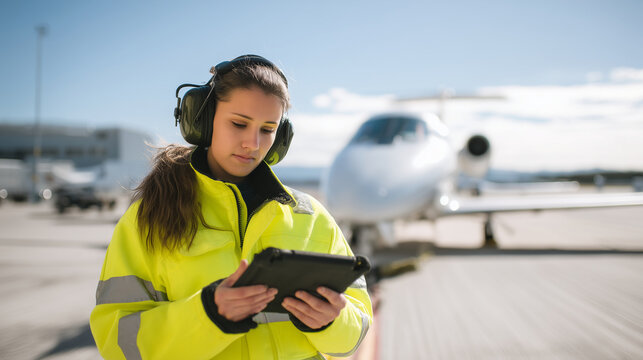 Airport ramp agent checking a digital tablet beside an aircraft on a sunny airfield, aviation service, ground handling, safety control and airport logistics concept. nt, digital ta