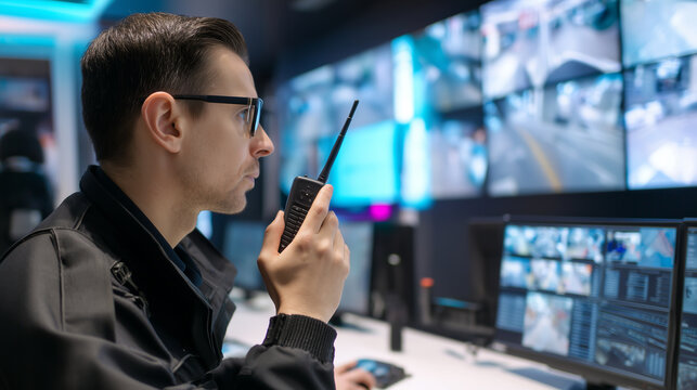 CCTV surveillance operator using walkie talkie in a high tech security room, monitoring camera feeds, safety control, command center and security operations concept. CCTV operator,