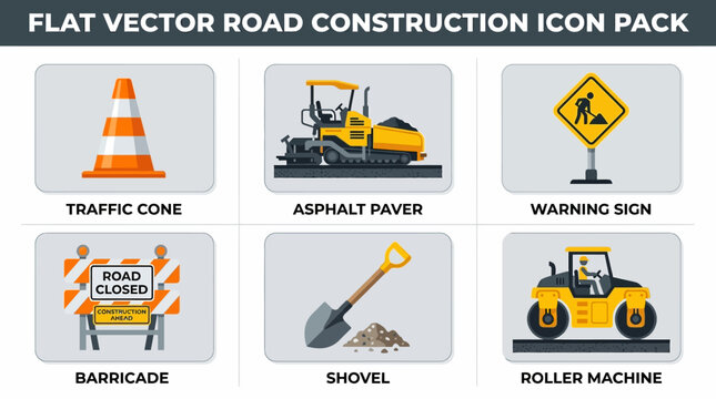 Flat Vector Road Construction Icon Set: Heavy Machinery, Safety Equipment, Traffic Cone, Asphalt Paver, Warning Sign, Barricade, Shovel, and Roller Machine Illustrations