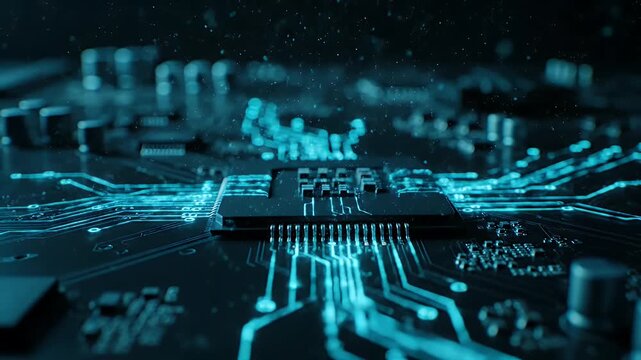 Digital circuit board microchip with glowing blue data lines and futuristic particle.