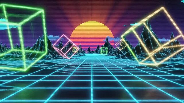 Neon glowing geometric shapes floating above a digital wireframe landscape with a vibrant pixelated sun setting in the horizon during this high quality 4k retro synthwave style motion video clip