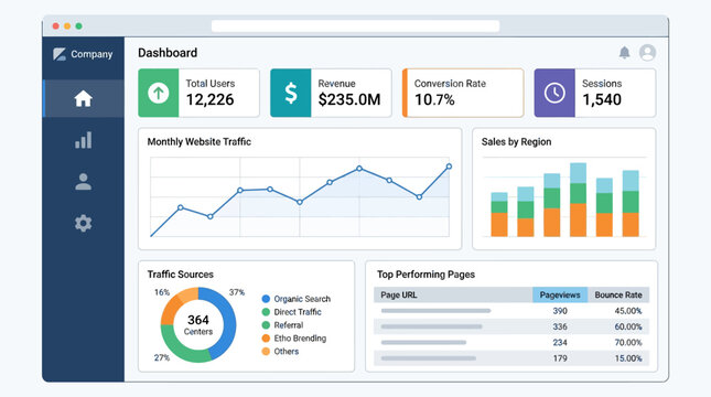 This clean digital dashboard photograph displays professional website analytics with various colorful charts and data visualization metrics for business growth
