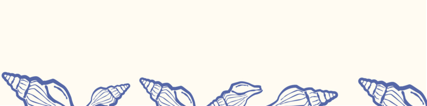 Horizontal marine shell border design with hand drawn coastal shell illustrations.