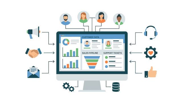 Digital computer screen displays complex analytics charts and automated customer relationship management software workflows for professional business data marketing strategies