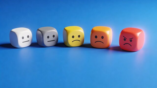 Colorful emotive dice with different faces on a blue surface indoors
