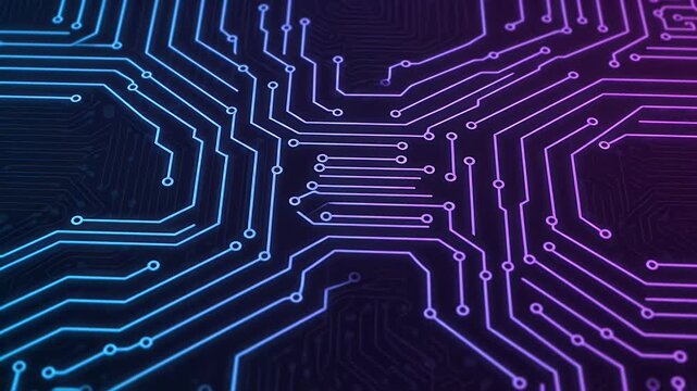 Digital circuit board with glowing neon lines representing data flow and technology.