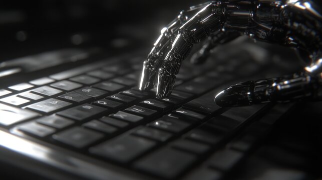 A chrome robotic hand types on a laptop keyboard in a dimly lit setting
