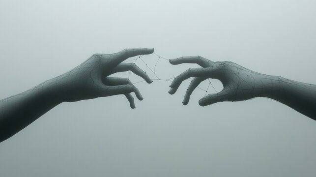 Two grey hands, wireframe-like, connecting via points, misty background