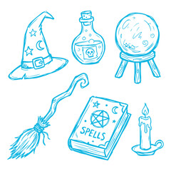 Vector sketch of magic icons including a wizard hat, potion, crystal ball, broom, spell book, and candle. Representing witchcraft, sorcery, and mystical elements for fantasy storytelling © Zulfa