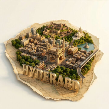 3D isometric map illustration of Hyderabad, Telangana, India