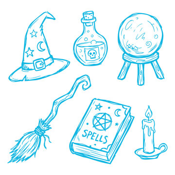Vector sketch of magic icons including a wizard hat, potion, crystal ball, broom, spell book, and candle. Representing witchcraft, sorcery, and mystical elements for fantasy storytelling