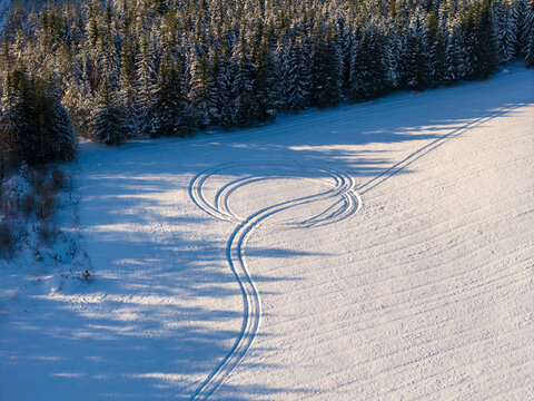 Aerial view of circular tire tracks on a pristine snow-covered field bordered by a dense evergreen forest Lithuania.