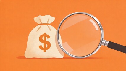 Fototapeta premium The image depicts a magnifying glass examining a money bag with a dollar sign.