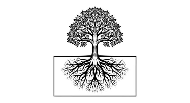 Black and white tree silhouette with prominent roots in a frame