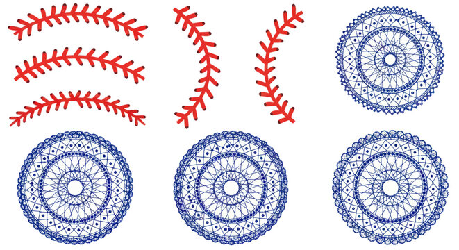Baseball stitching and blue mandala graphic elements on white background